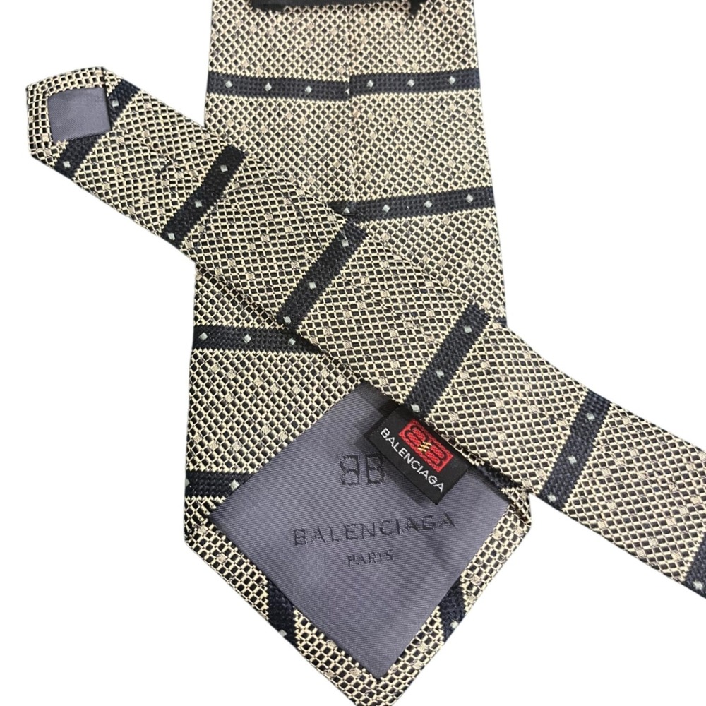 Balenciaga‎ Paris Mens Silk Tie Tan Black Geometric Striped Woven Necktie Italy